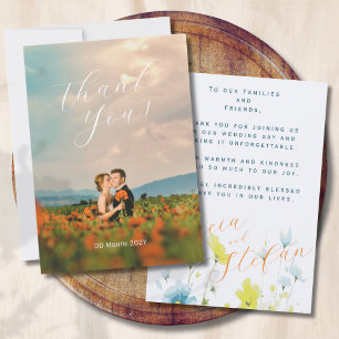 Rustic Simple 1 Photo Blue Yellow Poppy Watercolor Thank You Card