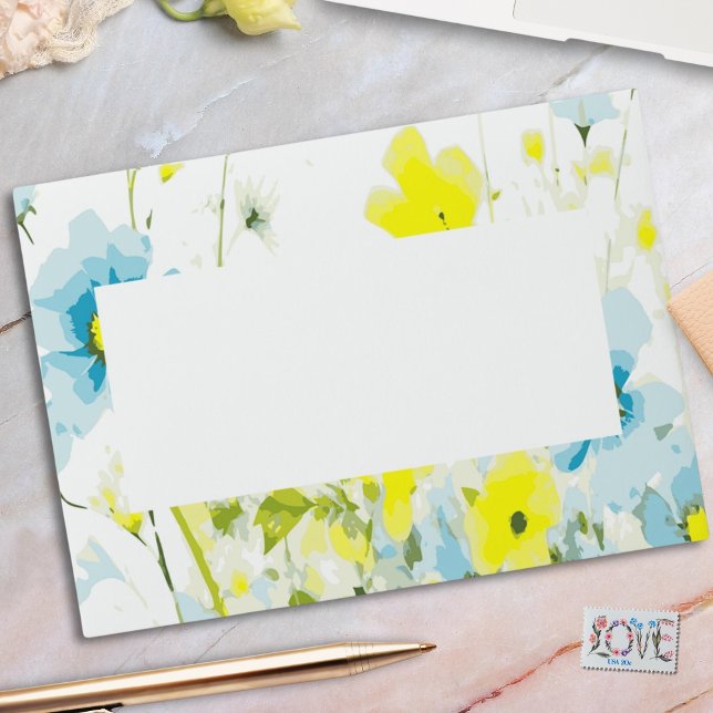 Rustic Simple Blue Yellow Poppies Watercolor Envelope (Creator Uploaded)