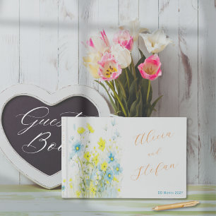 Rustic Simple Blue Yellow Poppies Watercolor Guest Book