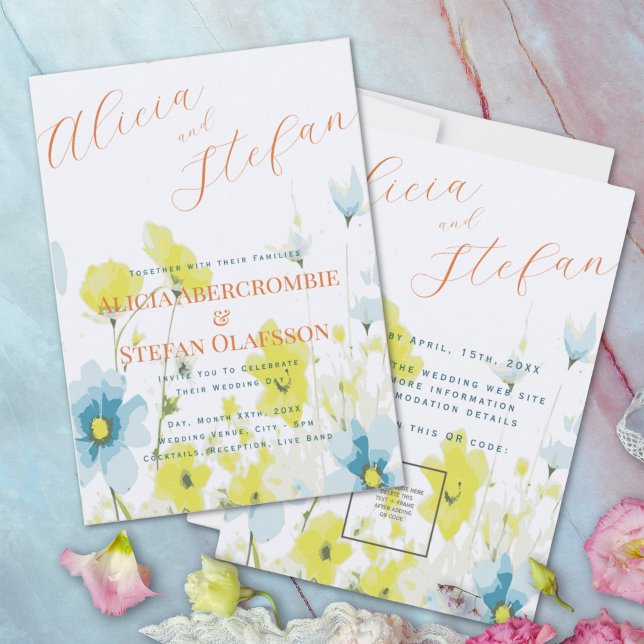 Rustic Simple Blue Yellow Poppies Watercolor Invitation (Creator Uploaded)