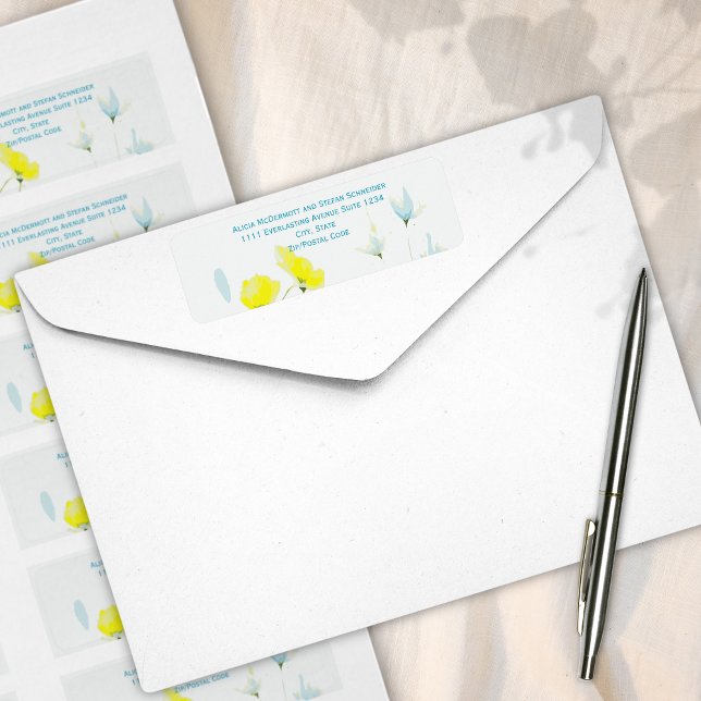 Rustic Simple Blue Yellow Poppies Watercolor Return Address Label (Creator Uploaded)