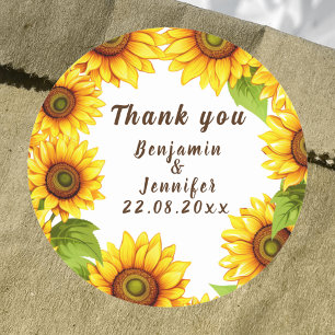 Rustic simple calligraphy sunflower  wedding favou classic round sticker