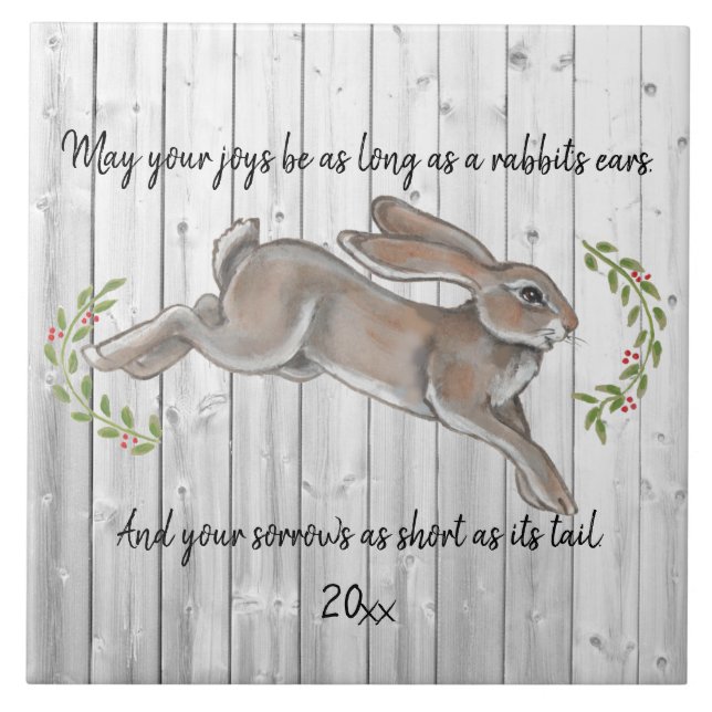 Rustic Simple Dated Rabbit Happy New Year Ceramic Tile (Front)