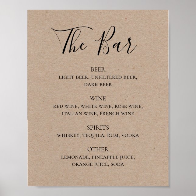 Rustic simple script wedding drinks bar menu poster (Front)