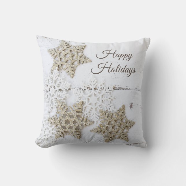 Rustic Simple White Snowflake Happy Holidays Cushion (Front)