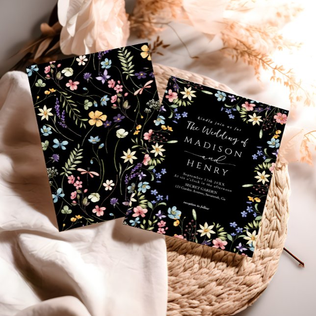 Rustic Simple Wildflower Black Wedding  Invitation (Creator Uploaded)