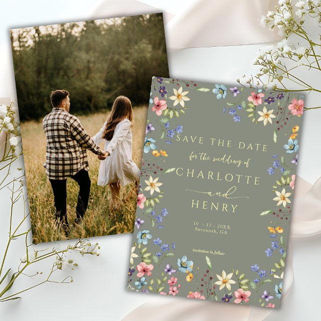 Rustic Simple Wildflower Sage Photo Wedding Save The Date (Creator Uploaded)