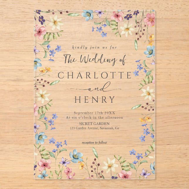 Rustic Simple Wildflower White Spring Wedding Acrylic Invitations (Front)