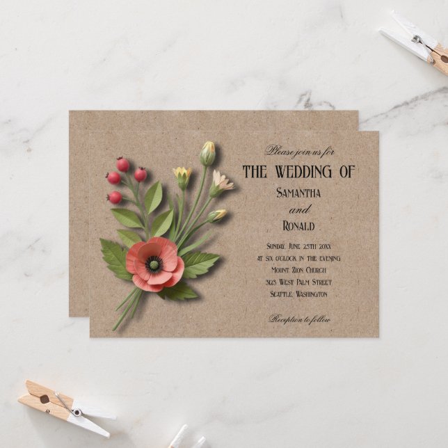 Rustic Simple Wildflowers Wedding Invitation (Front/Back In Situ)