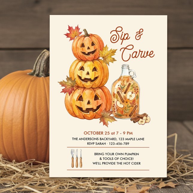 Rustic Sip and Carve Pumpkin Party Invitation (Sip & Carve Halloween Invitation by Darling & May)