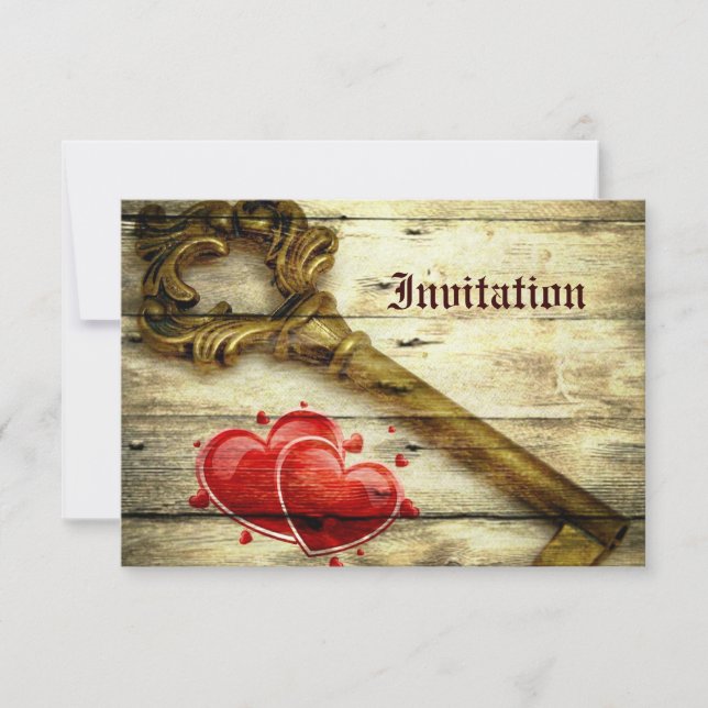 rustic skeleton key victorian steampunk wedding invitation (Front)