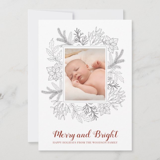 Rustic Sketch Merry and Bright Baby Christmas Card (Front)