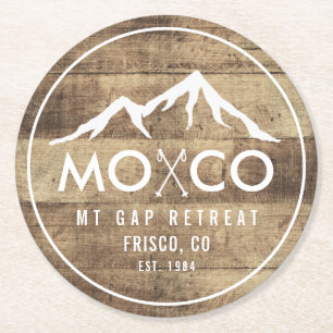 Rustic Ski House Mountain Wood Grain Personalized Round Paper Coaster