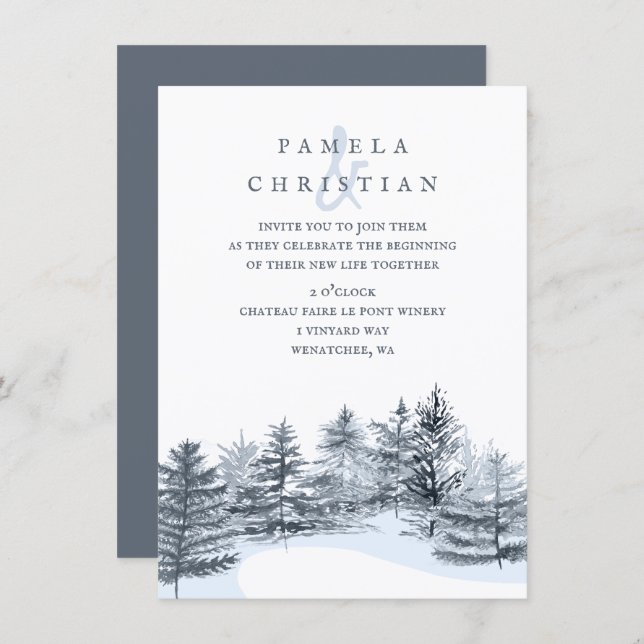 Rustic, Slate Gray Pine Trees Forest Wedding Invitation (Front/Back)