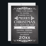 Rustic Slate Vintage Custom Christmas Greeting Holiday Card<br><div class="desc">Personalise this cool holiday card with your name and year. Rustic and vintage slate chalkboard black board theme Christmas card is great for celebration. dark charcoal grey and black background with white chalk look lettering and antique theme decos.</div>