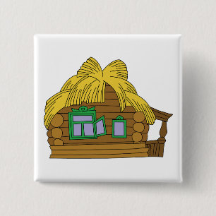 Rustic Slavic Log House Traditional Thatched Roof 15 Cm Square Badge
