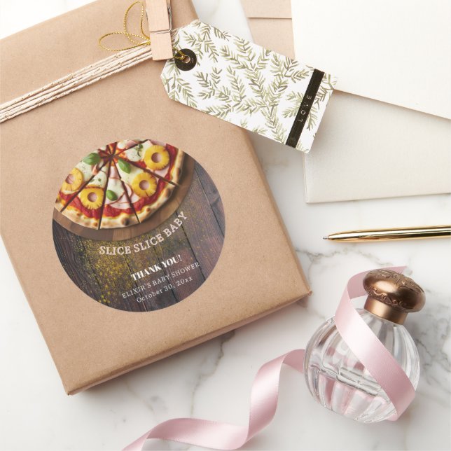 Rustic Slice Slice Pizza Baby Shower Classic Round Sticker (Gifting)
