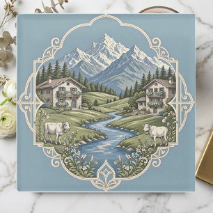 Rustic Snow Alpine Log Cabin Grazing Cows Meadows  Glass Coaster