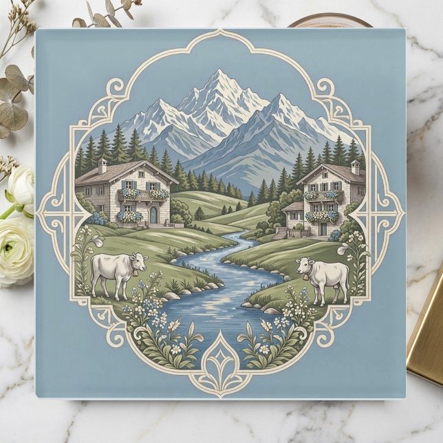 Rustic Snow Alpine Log Cabin Grazing Cows Meadows  Glass Coaster (Rustic Snow Alpine Log Cabin Grazing Cows Meadows Glass Coaster)
