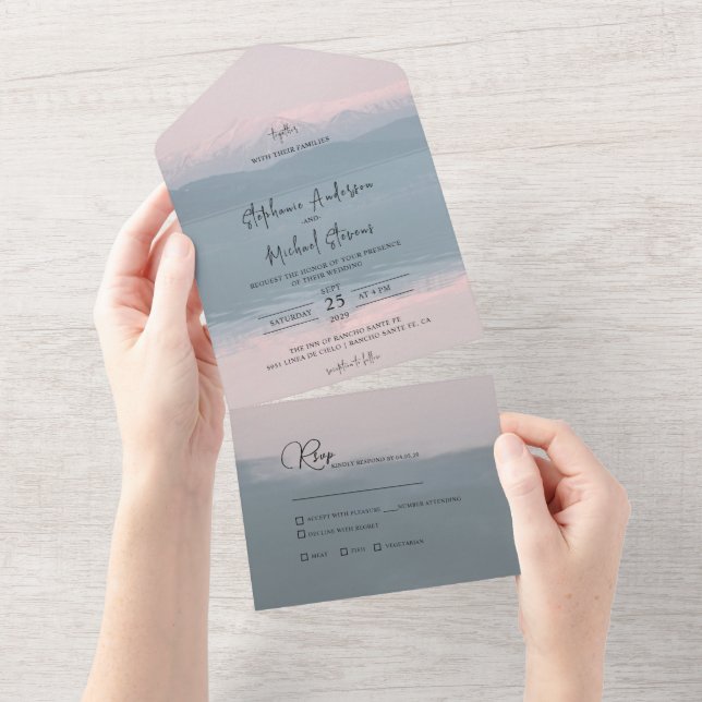 Rustic Snow-capped Mountain & Lake Wedding All In One Invitation (Tearaway)