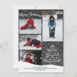 Rustic Snow Christmas Tree Chalkboard  Photo Holiday Card<br><div class="desc">Rustic modern Merry Christmas! winter holiday family photo collage card with a hand-drawn pencil doodle white pine tree and with falling snow on a dark grey charcoal chalkboard background.           Personalize it with your wishes,  four photos,  and signature!</div>