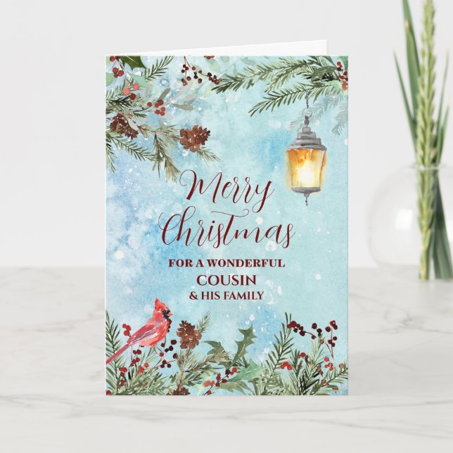 Rustic Snow Cousin & Family Merry Christmas Card (Front)