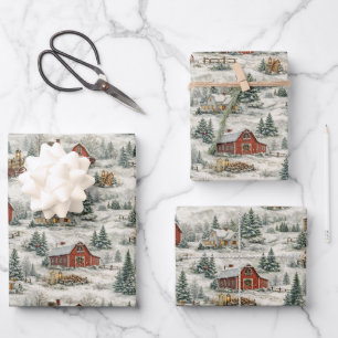 Rustic Snow Covered Farmhouse Winter Pattern Wrapping Paper Sheet