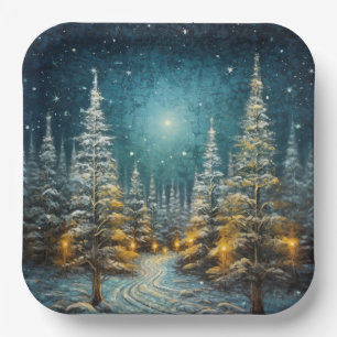 Rustic Snow Covered Road Merry Christmas Paper Plate