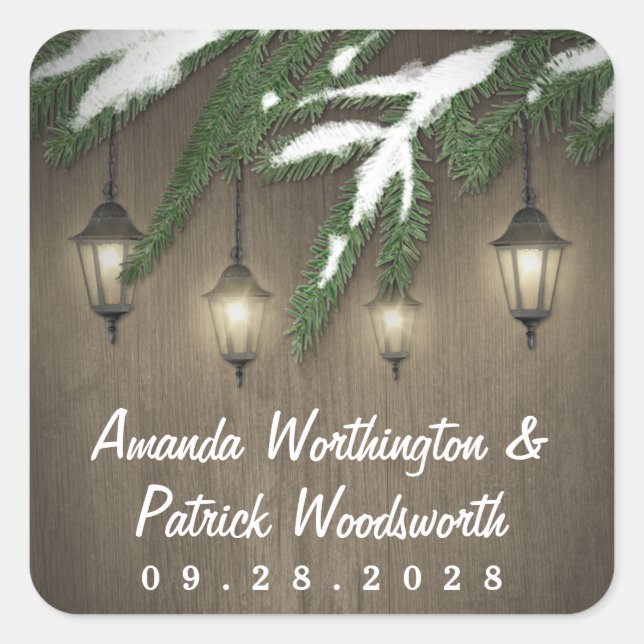 Rustic Snow Evergreen Lantern Wedding Favour Square Sticker (Front)