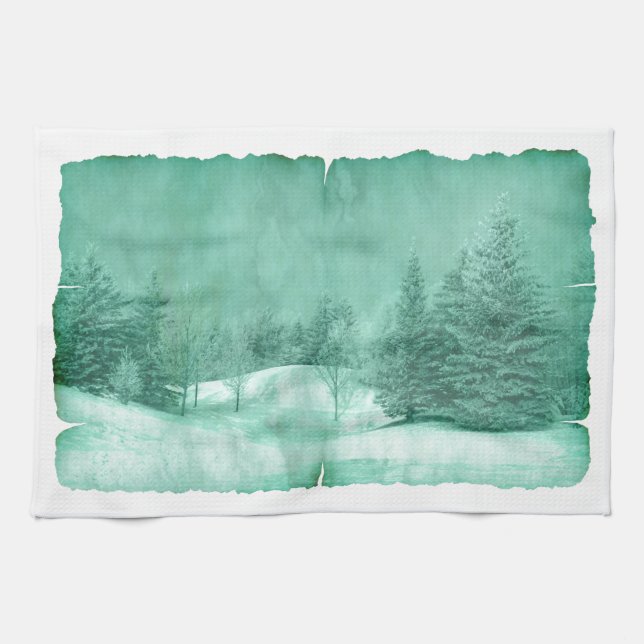 Rustic snow evergreen winter scene parchment green tea towel (Horizontal)