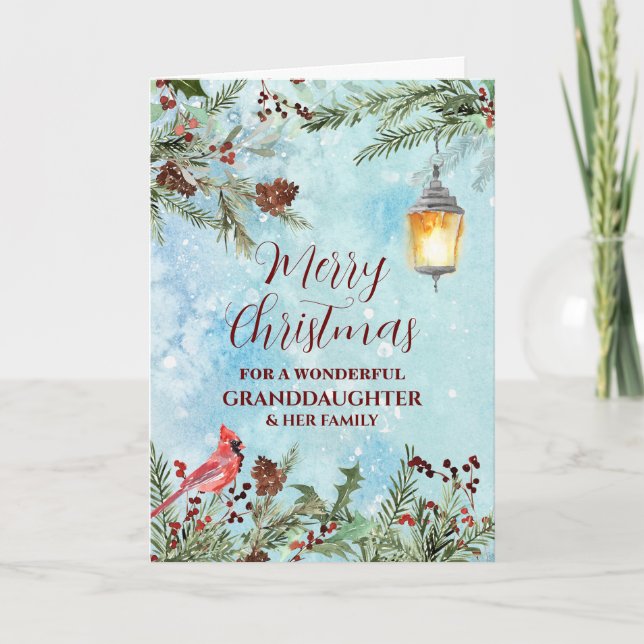 Rustic Snow Granddaughter & Family Merry Christmas Card (Front)