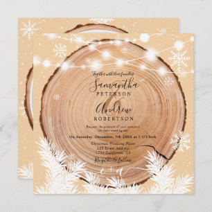 Rustic snow wood log light Christmas photo wedding Invitation