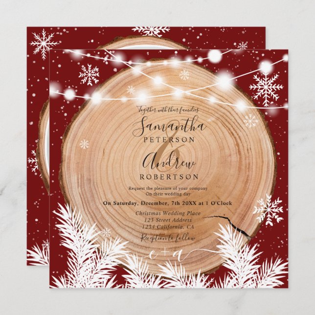 Rustic snow wood log red Christmas photo wedding Invitation (Front/Back)