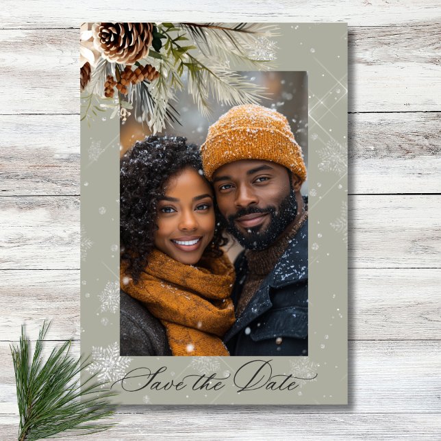 Rustic Snowfall Pine Floral Sage Photo Wedding Save The Date (Rustic Snowfall Pine Floral Sage Photo Wedding Save The Date)