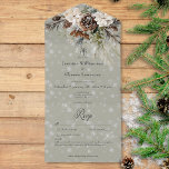 Rustic Snowfall Pine & White Floral Sage Details All In One Invitation<br><div class="desc">ALSO AVAILABLE WITH A QR CODE OR WITH DINNER CHOICES. Envelop your guests in the serene beauty of winter with our exquisite wedding invitation. A calming dusty sage backdrop creates a peaceful canvas for a stunning arrangement of fresh green pine sprigs, soft cream-coloured blooms, and rustic brown pinecones. This natural...</div>