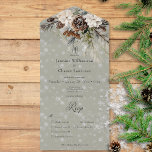 Rustic Snowfall Pine & White Floral Sage Dinner All In One Invitation<br><div class="desc">ALSO AVAILABLE WITH DETAILS, OR A QR CODE. Envelop your guests in the serene beauty of winter with our exquisite wedding invitation. A calming dusty sage backdrop creates a peaceful canvas for a stunning arrangement of fresh green pine sprigs, soft cream-coloured blooms, and rustic brown pinecones. This natural masterpiece is...</div>