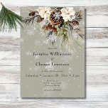 Rustic Snowfall Pine & White Floral Sage Wedding Invitation<br><div class="desc">Envelop your guests in the serene beauty of winter with our exquisite wedding invitation. A calming dusty sage backdrop creates a peaceful canvas for a stunning arrangement of fresh green pine sprigs, soft cream-coloured blooms, and rustic brown pinecones. This natural masterpiece is adorned with a delicate snowfall of shimmering silver...</div>