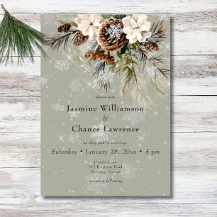 Rustic Snowfall Pine & White Floral Sage Wedding Invitation