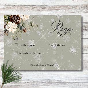 Rustic Snowfall Pine & White Floral Sage Wedding RSVP Card