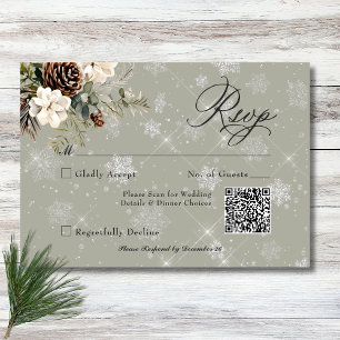 Rustic Snowfall Pine & White Floral Sage Wedding RSVP Card