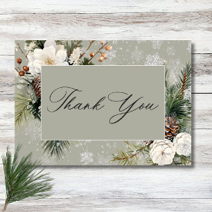 Rustic Snowfall Pine & White Floral Sage Wedding Thank You Card