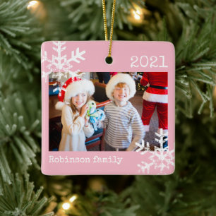 Rustic Snowflake Family Pink Ceramic Ornament