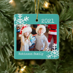 Rustic Snowflake Family Teal Ceramic Ornament