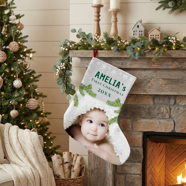 Rustic Snowflake Pine Baby`s First Christmas Photo Large Christmas Stocking (Creator Uploaded)