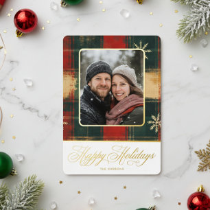 Rustic Snowflake Plaid Photo Christmas Foil Holiday Card