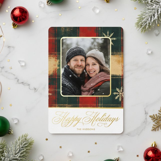 Rustic Snowflake Plaid Photo Christmas Foil Holiday Card (Creator Uploaded)