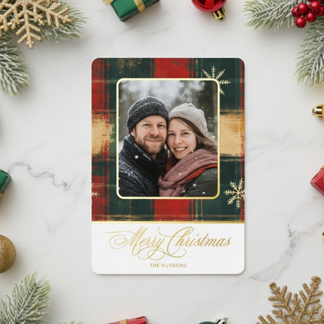 Rustic Snowflake Plaid Photo Merry Christmas Foil Holiday Card (Creator Uploaded)