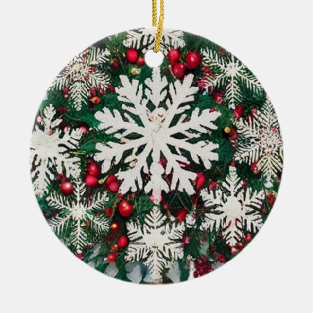 Rustic Snowflake Silhouettes Ceramic Circle  Ceramic Ornament (Front)