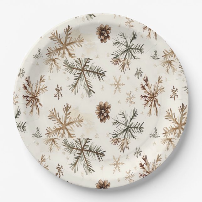 Rustic snowflakes and pine cones paper plate (Front)