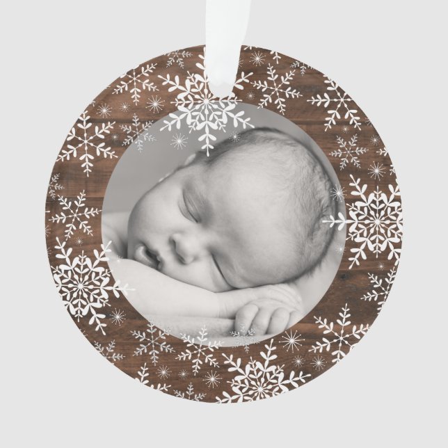 Rustic Snowflakes Baby First Christmas Ornament (Front)